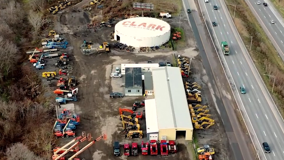 Aerial shot of the Clark Equipment Rentals construction equipment yard