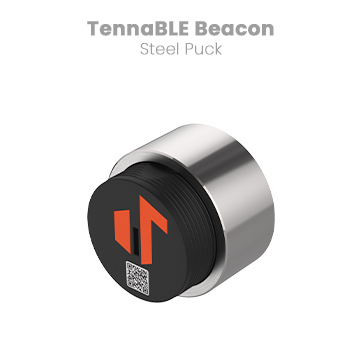 TennaBLE Beacon Steel puck unscrewed with the title above