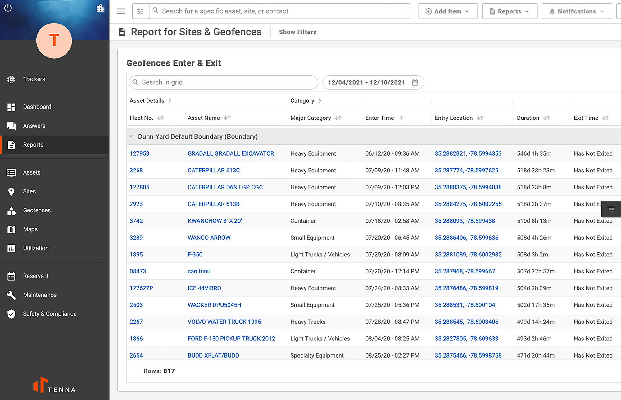 Tenna software showing enter and exit reporting on geofencing