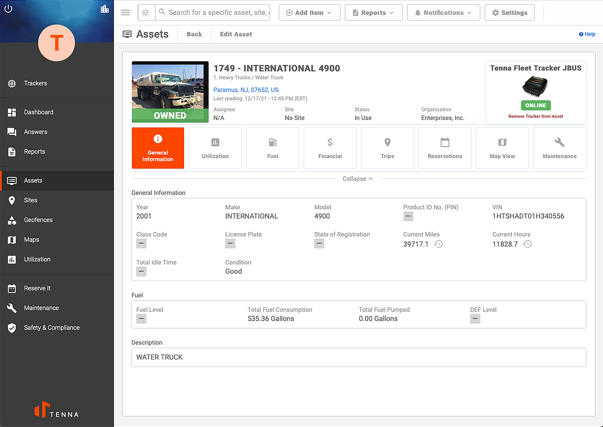 Tenna System showing the Fleet Tracking & Management Feature