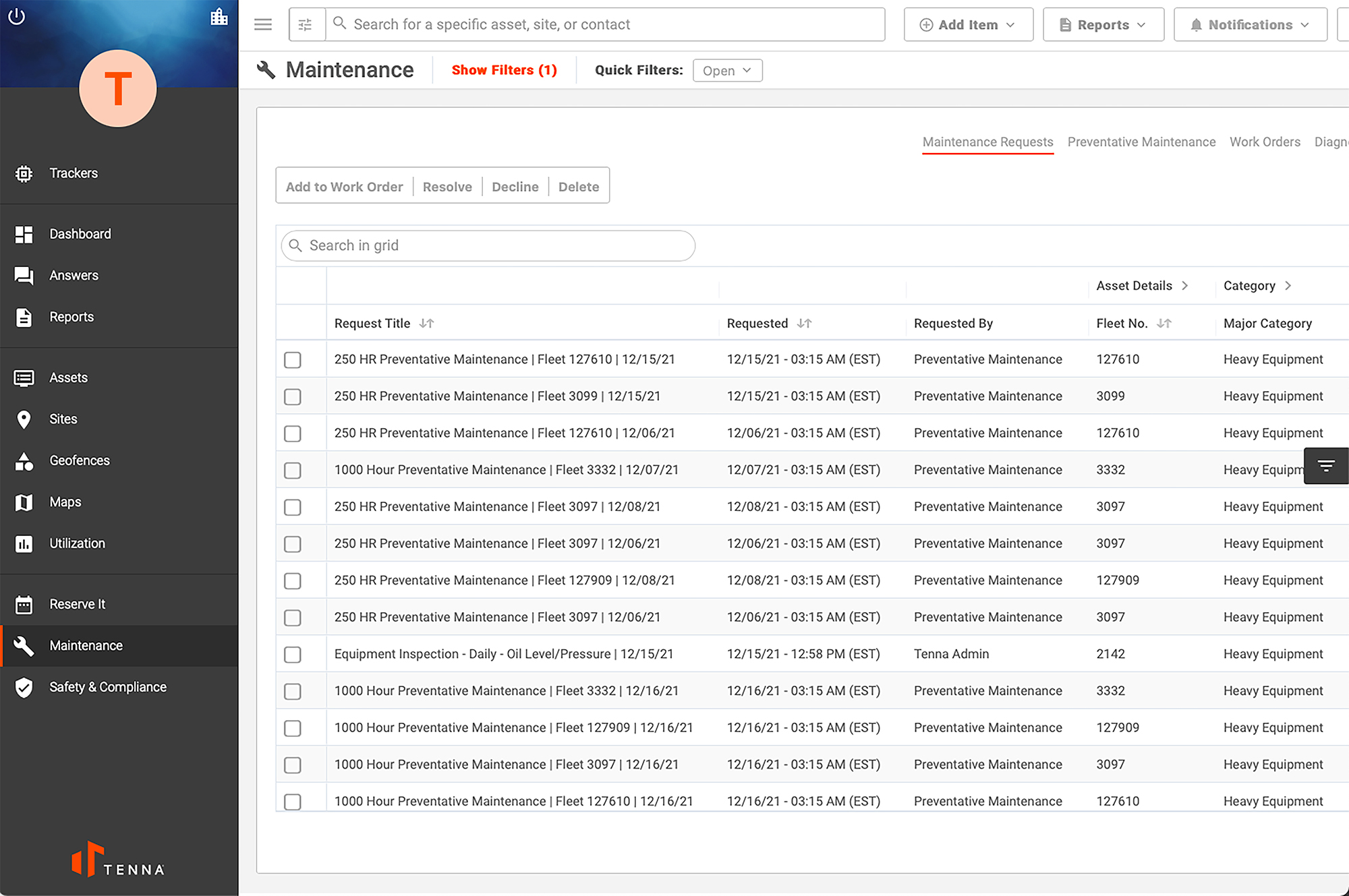 Tenna System showing the Maintenance Request Feature