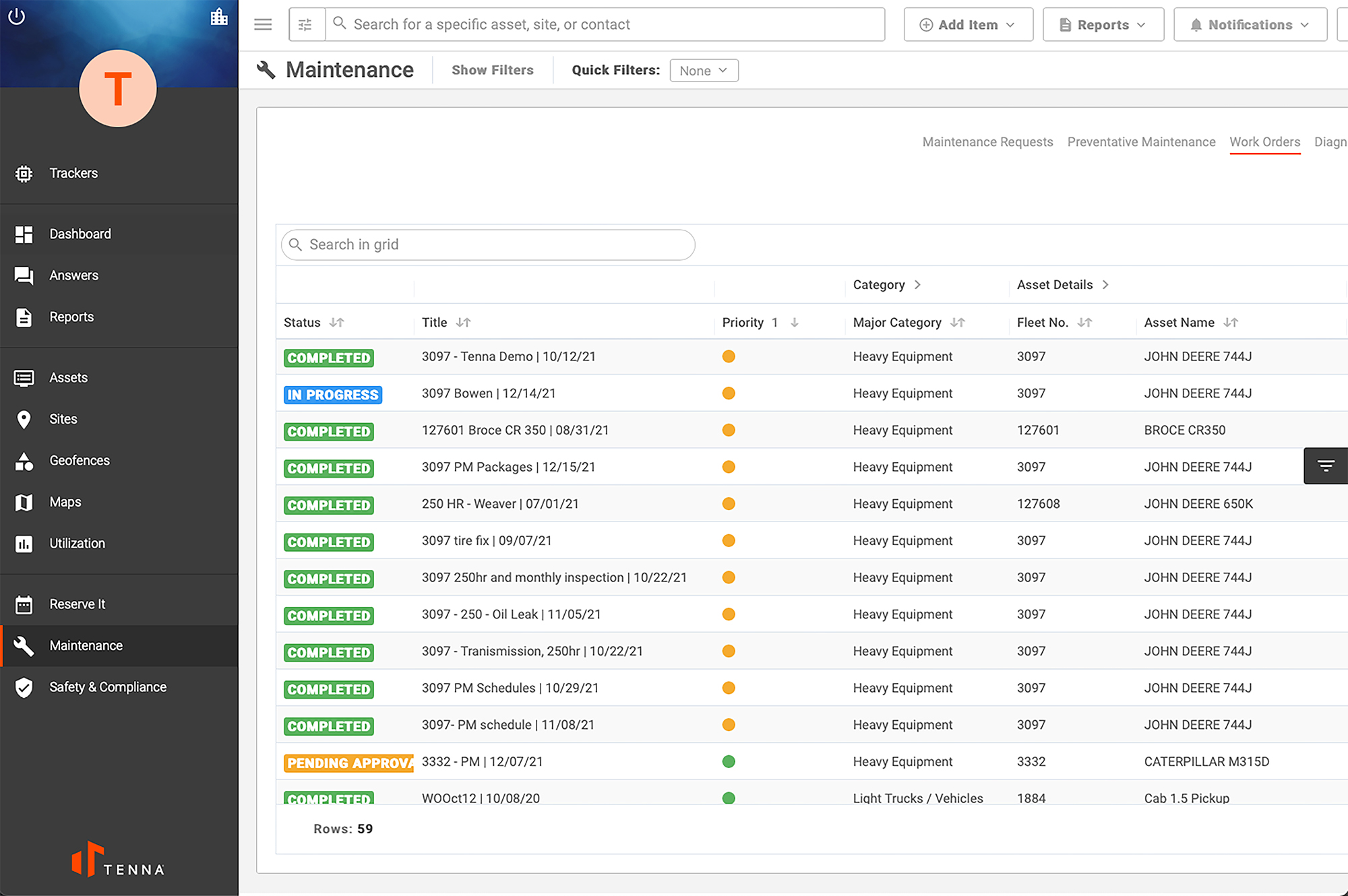 Tenna System showing the Maintenance Work Orders Feature