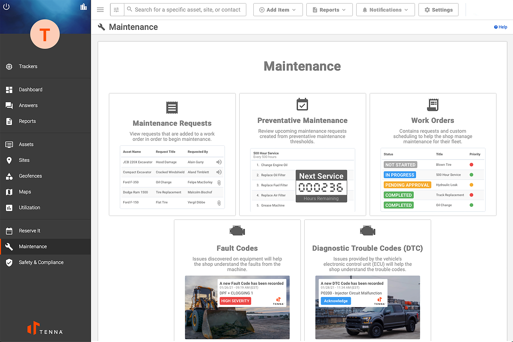 Tenna System showing the Maintenance Feature