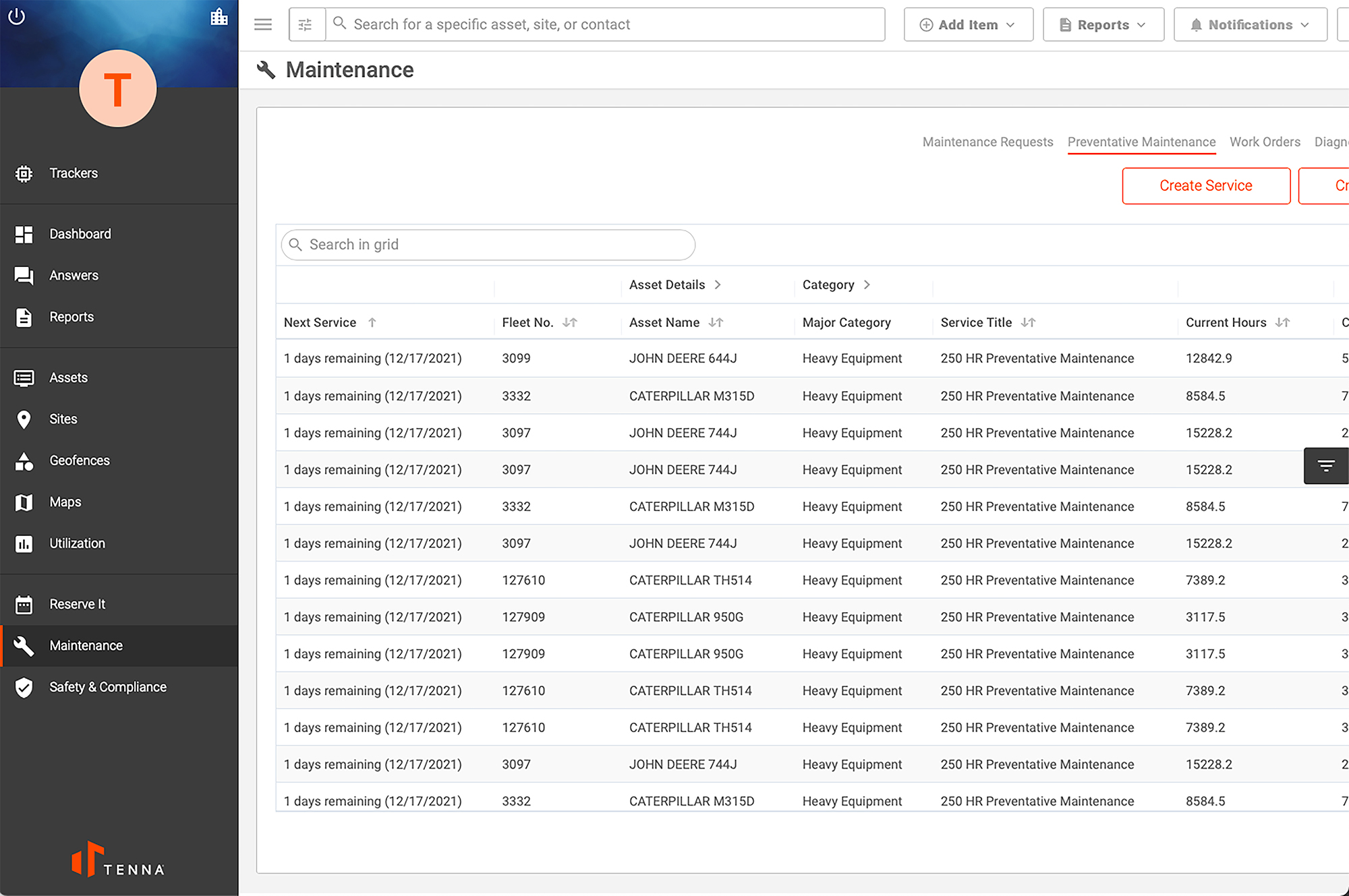 Tenna System showing the Preventative Maintenance Feature