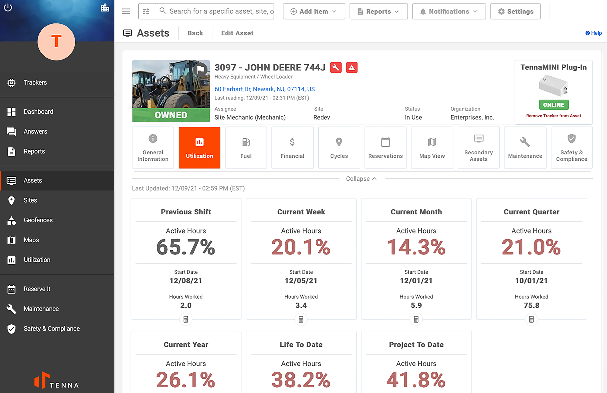 Tenna UI Showing the Utilization Feature