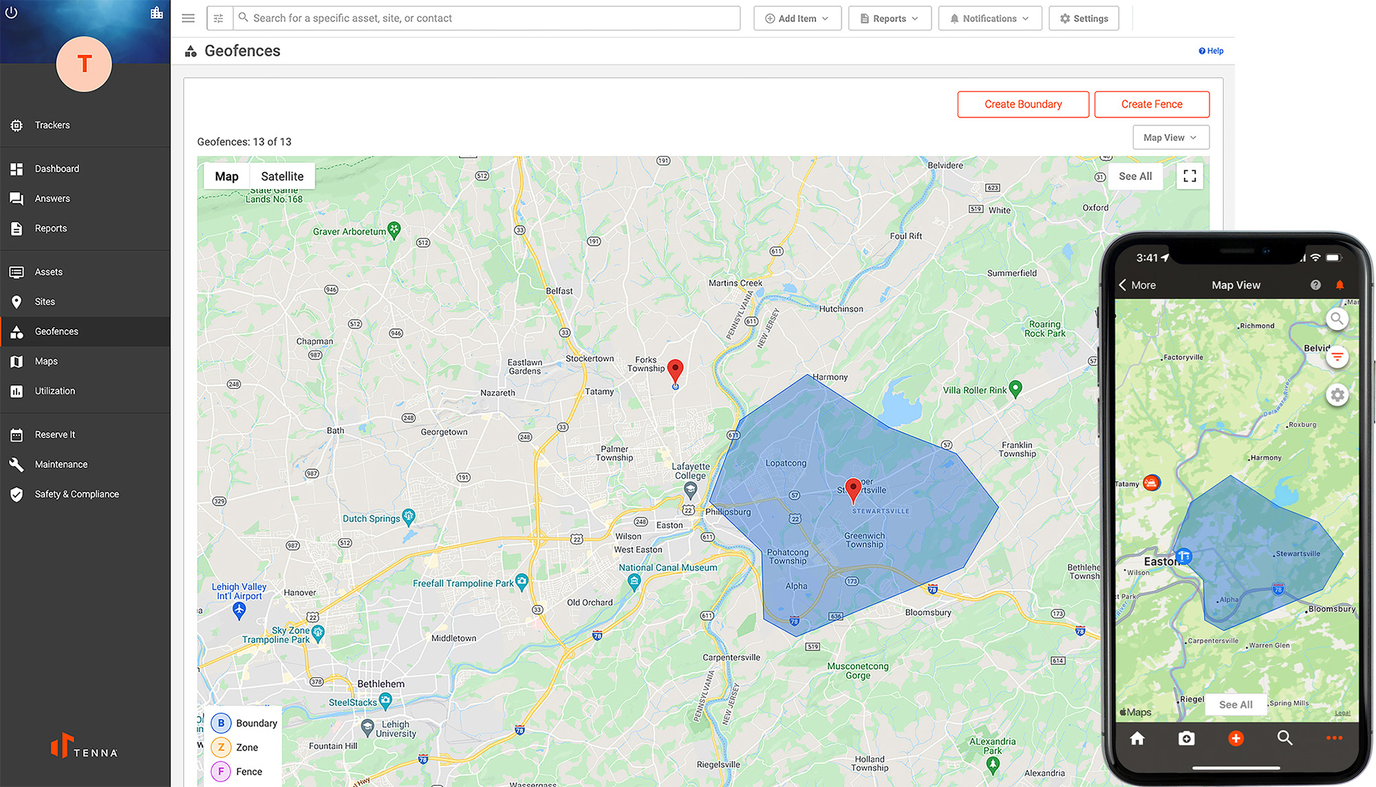 Tenna App and Tenna software showing the Geofence feature