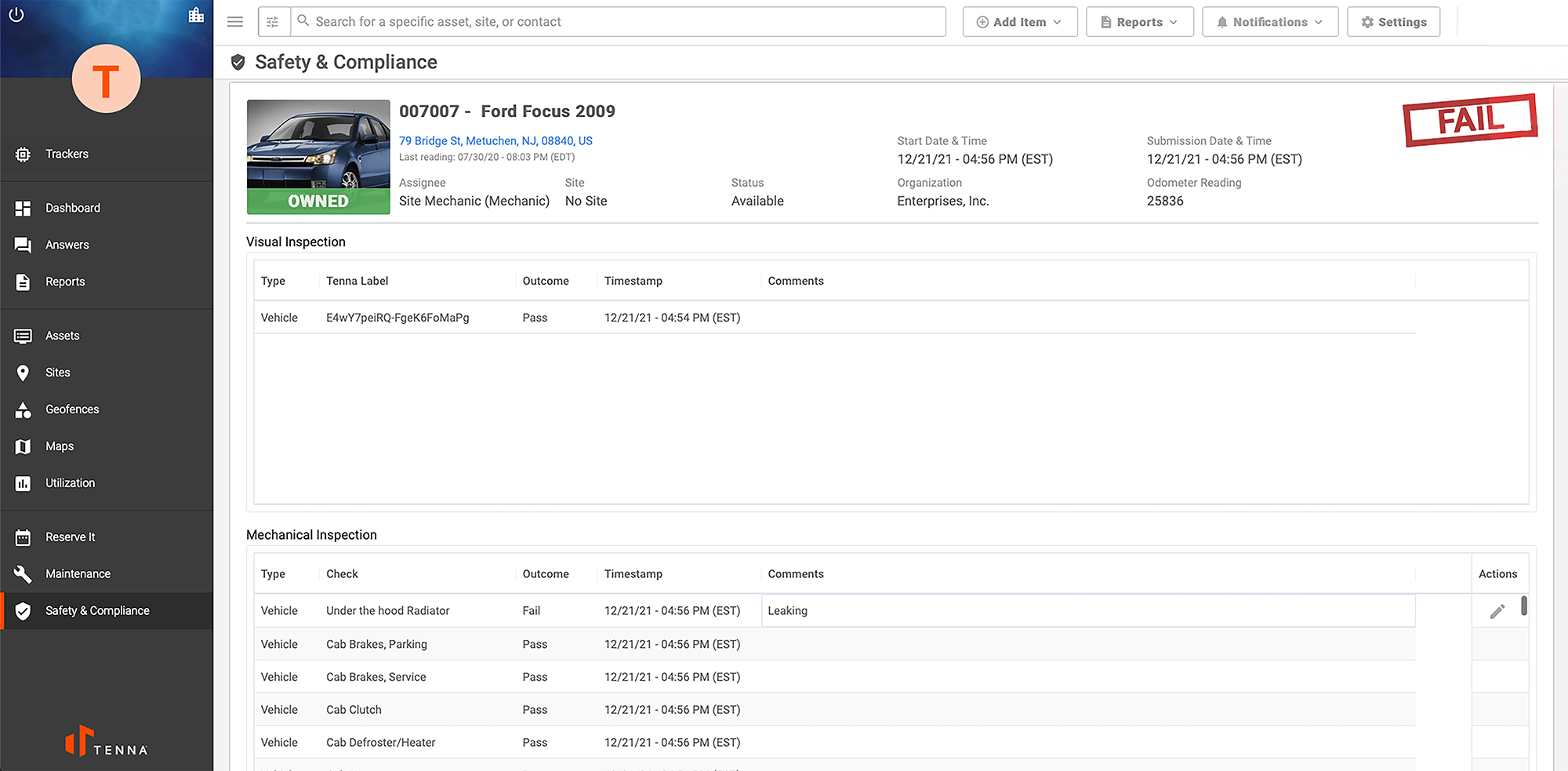 Tenna software showing the Inspection Product