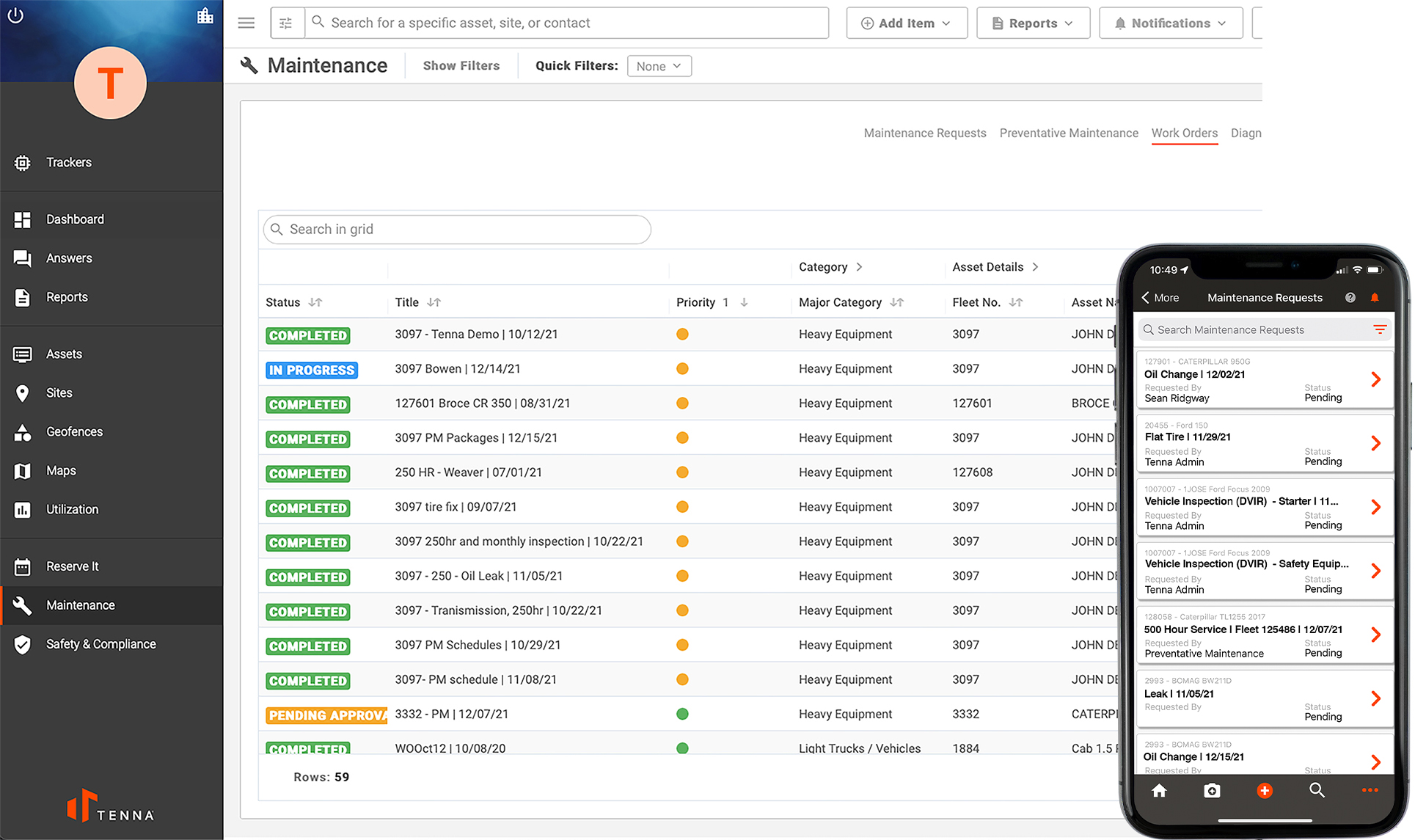 Tenna System and Tenna App showing the Maintenance Feature