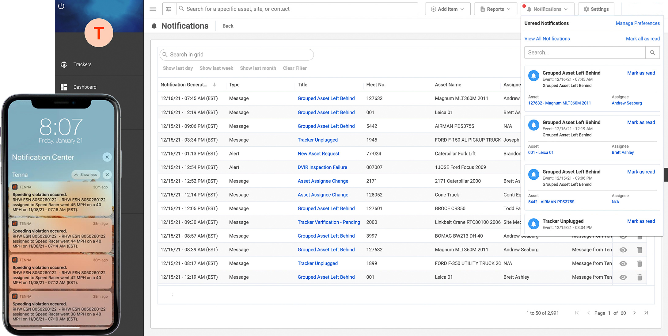 Tenna System showing the Notifications Feature