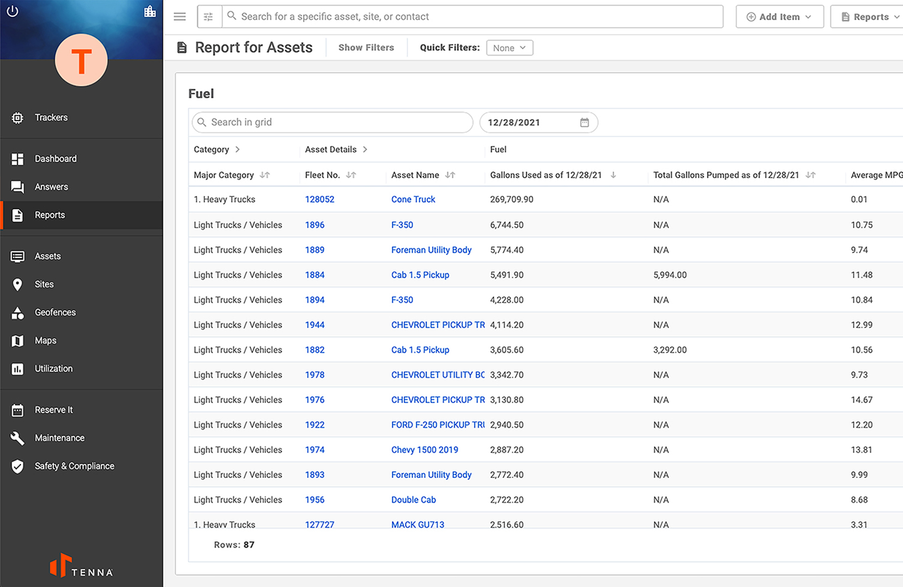 Tenna software showing a report for assets