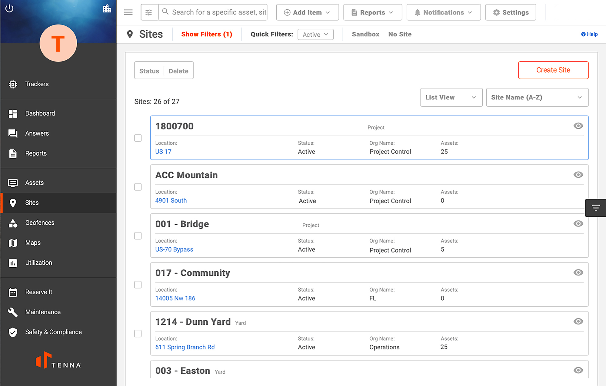 Tenna system sites shown on a desktop