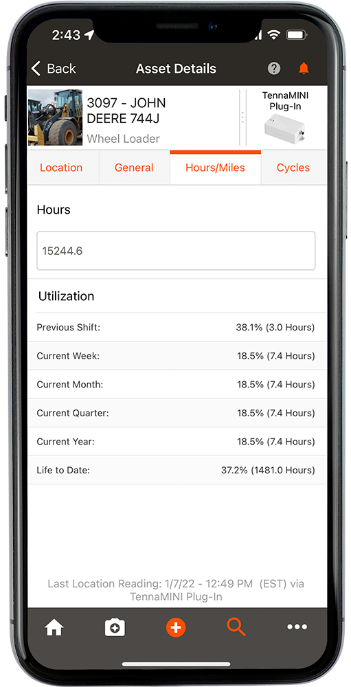 Utilization shown on the Tenna App