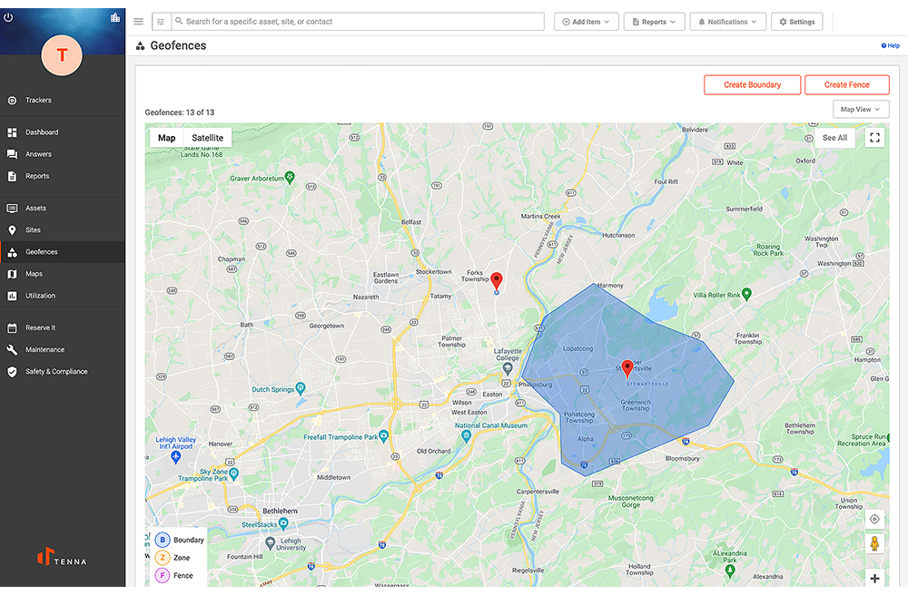 Geofencing UI shown on the Tenna platform