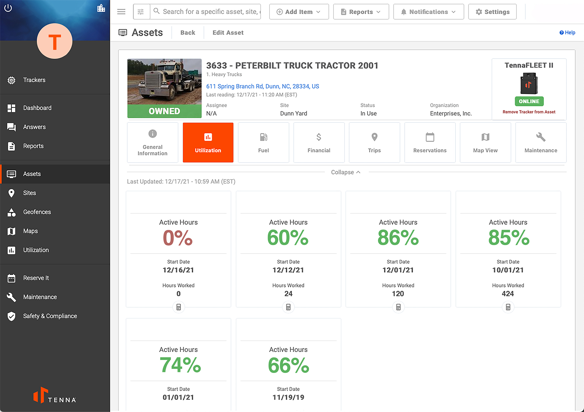 Tenna software showing utilization on fleet tracked with the TennaFLEET tracker