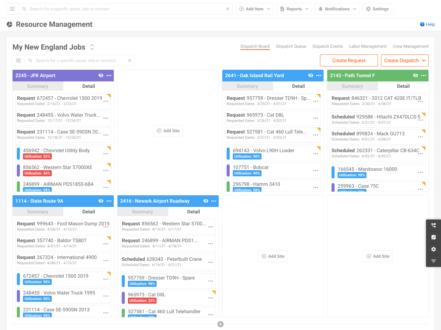 Dispatch Board on the Construction Resource Management Feature on Tenna