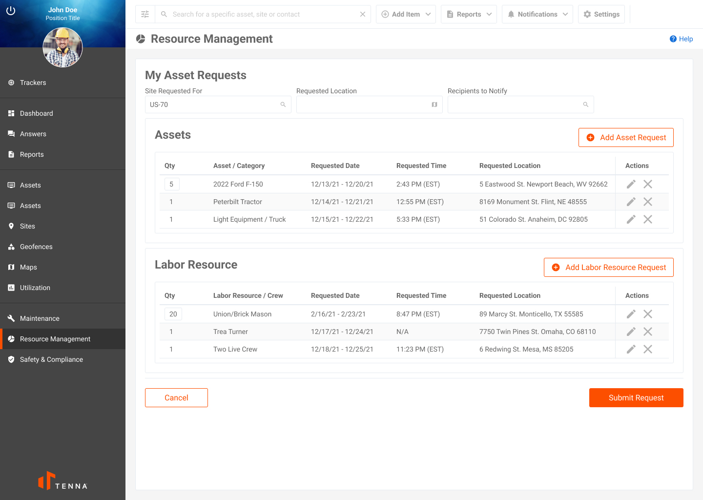 Requests on the Construction Resource Management Feature on Tenna