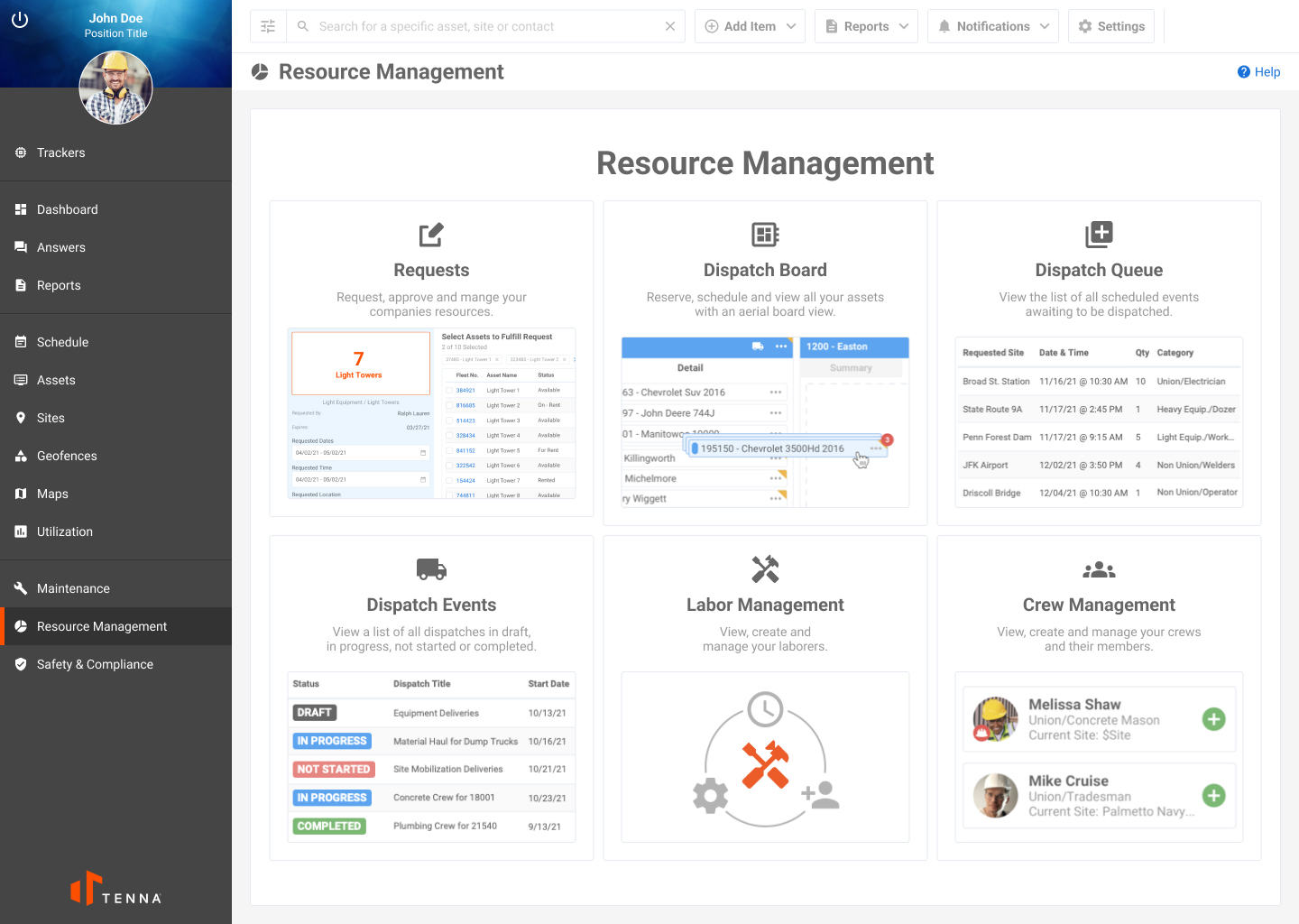 Construction Resource Management UI shown on the Tenna platform