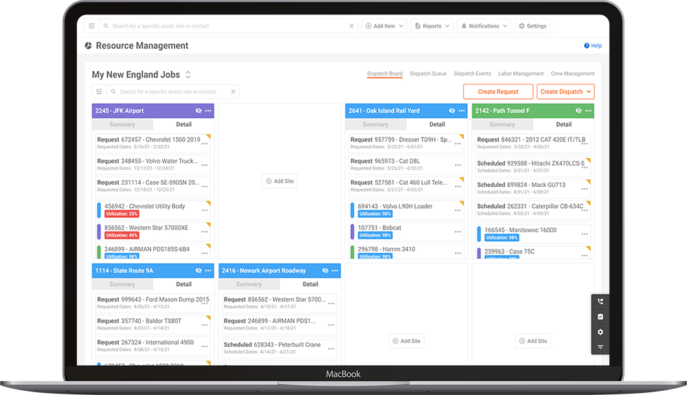 Dispatch Events on the Construction Resource Management Feature on Tenna in a computer mockup