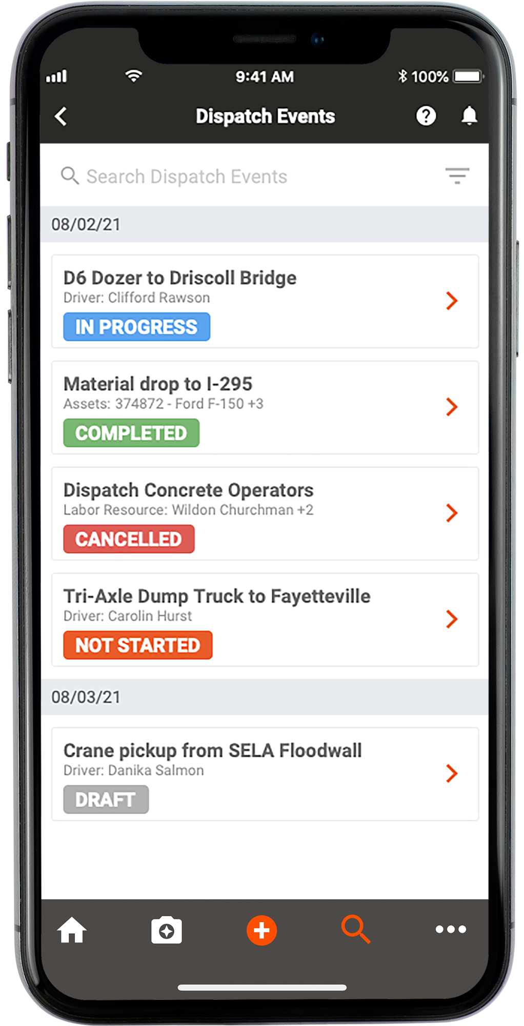 Dispatch Events on the Construction Resource Management Feature on Tenna App