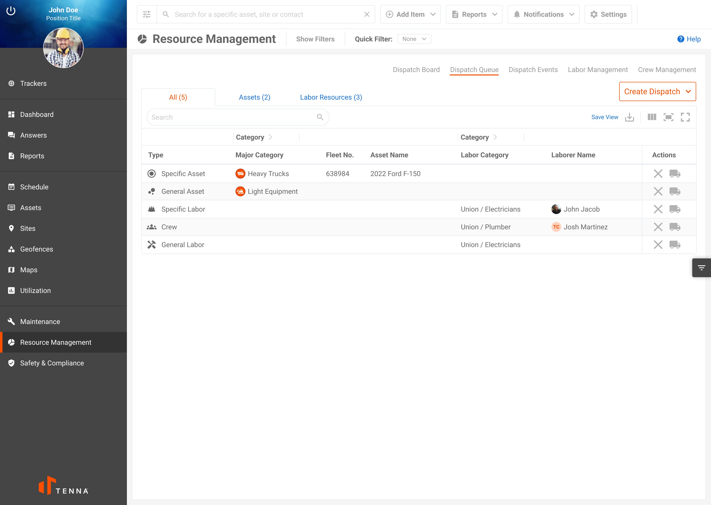 Dispatch Queue on the Construction Resource Management Feature on Tenna