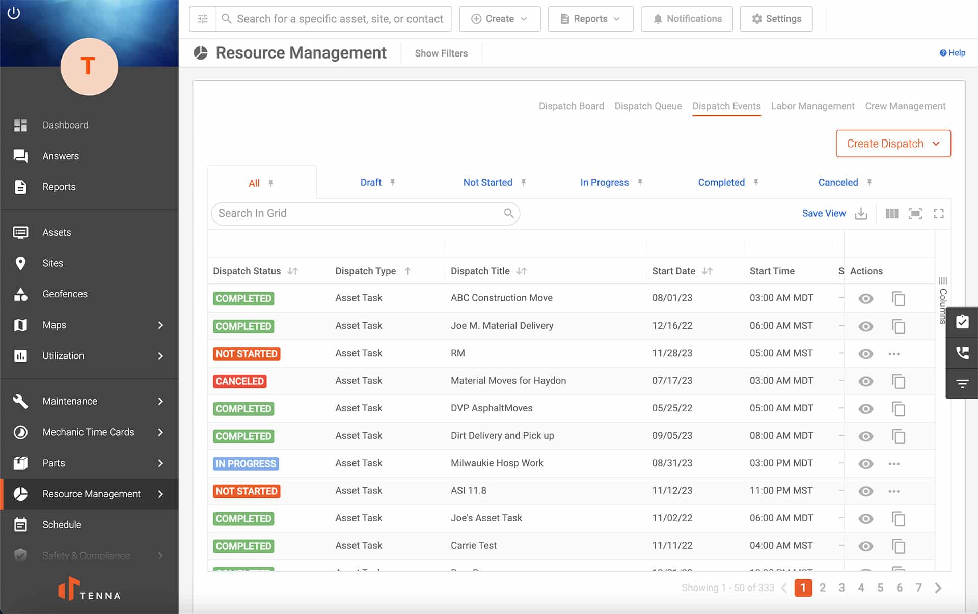 Tenna Resource Management Dispatch Events UI