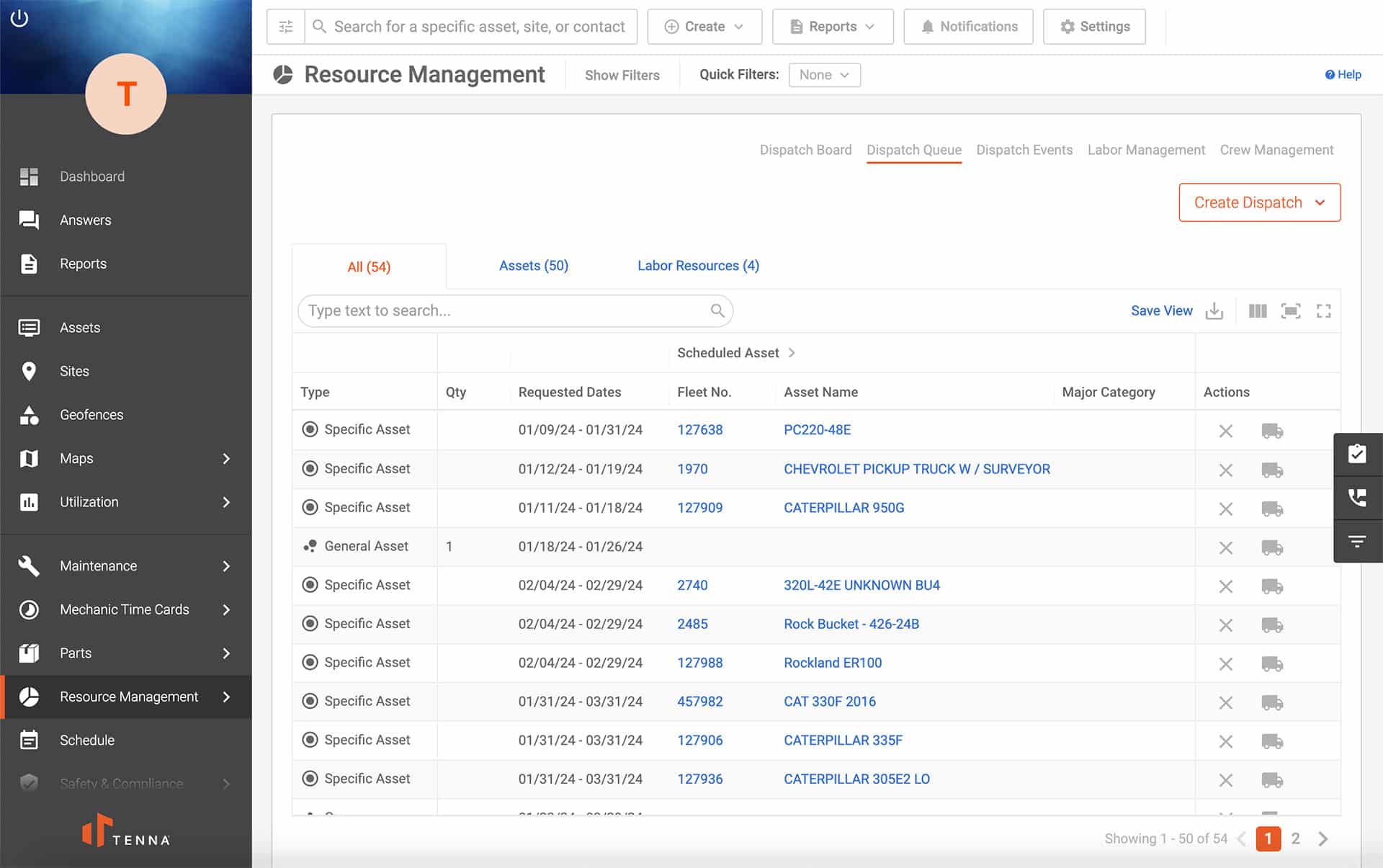 Tenna Resource Management Dispatch Queue UI