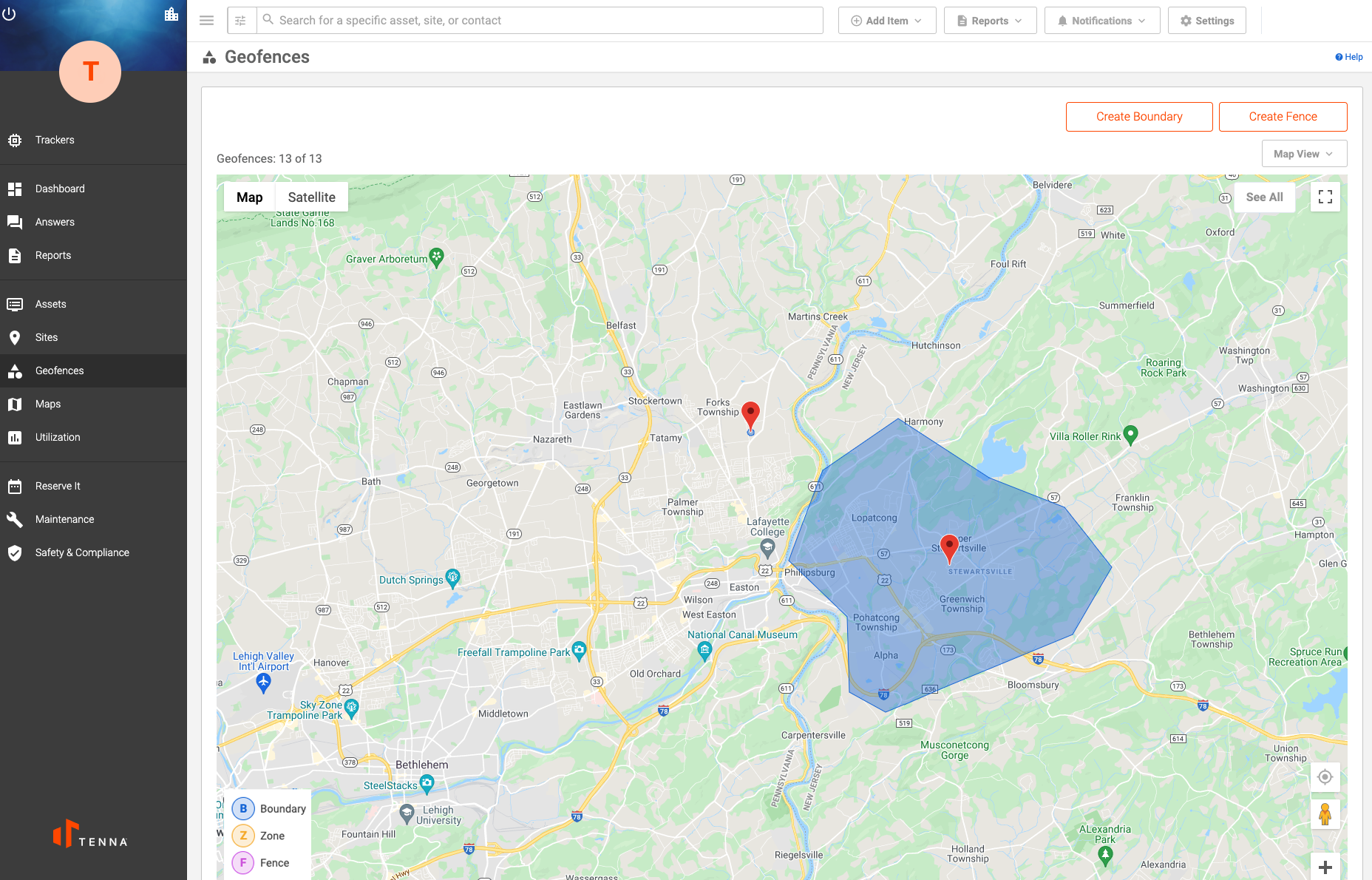 UI of Geofences in the Tenna System