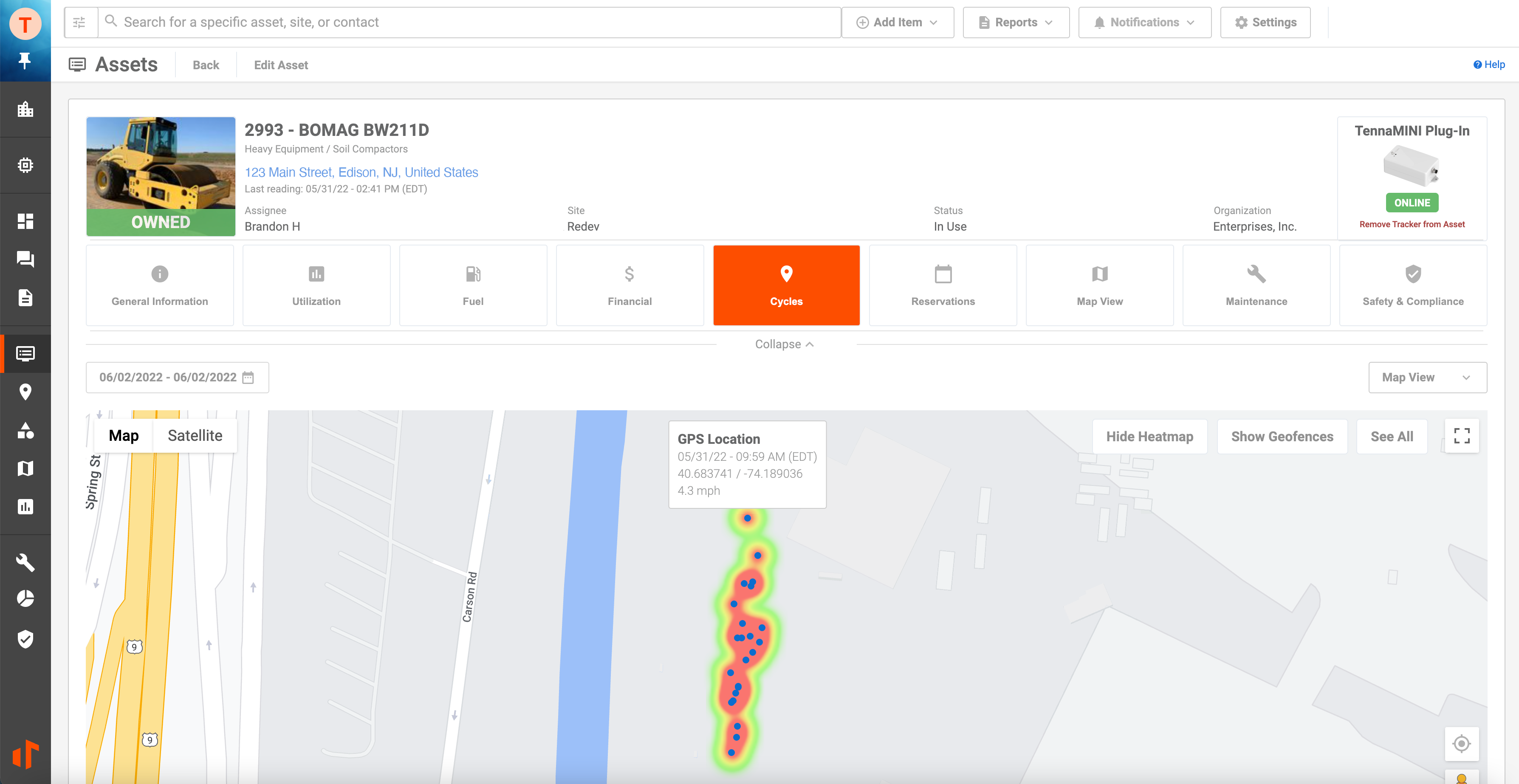 Heavy Equipment Tracking Cycles Heat Map shown on the Tenna Platform